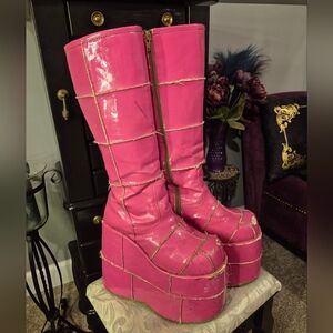 Demonia Stack-301 Patent Pink Raver Boots